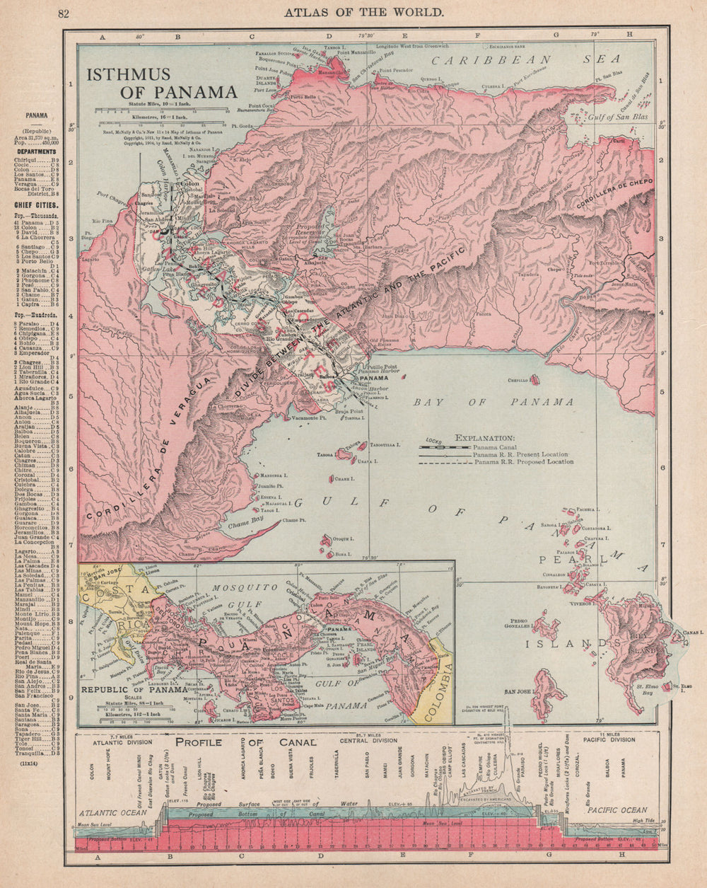 PANAMA. Isthmus, Republic, Canal zone & profile. RAND MCNALLY 1912 old map