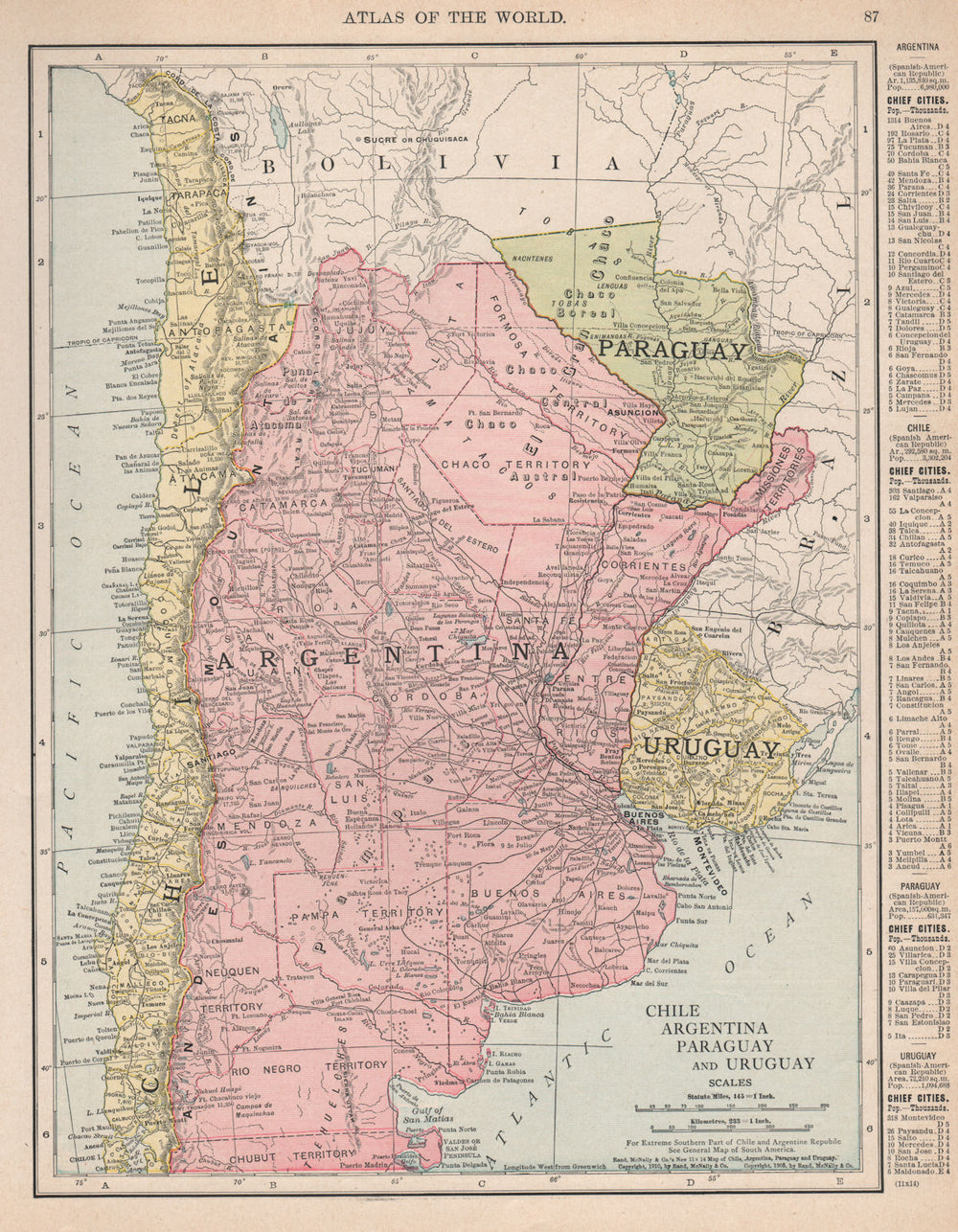Chile, Argentina, Paraguay and Uruguay. South America. RAND MCNALLY 1912 map