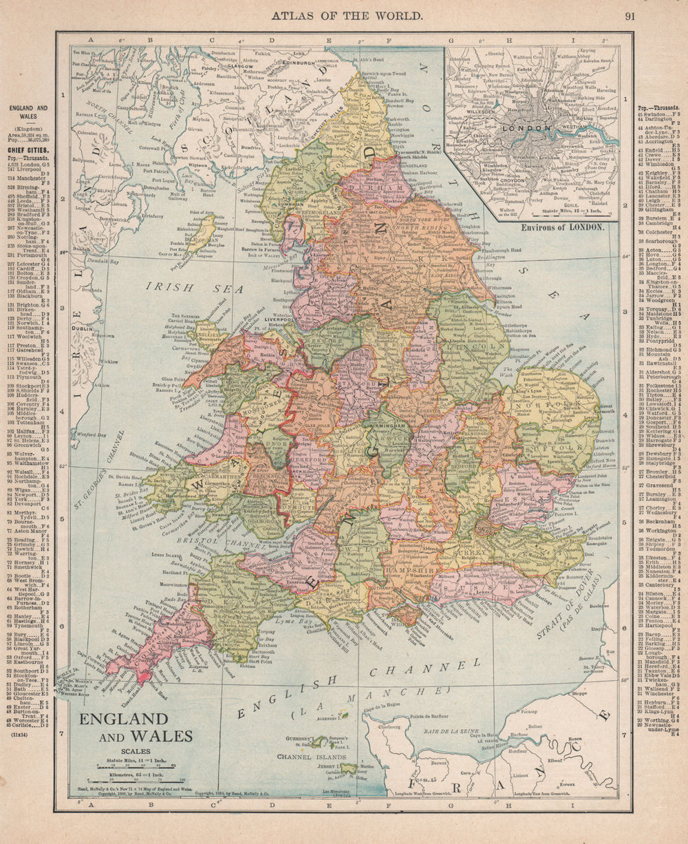 England and Wales. London environs. Great Britain. RAND MCNALLY 1912 old map