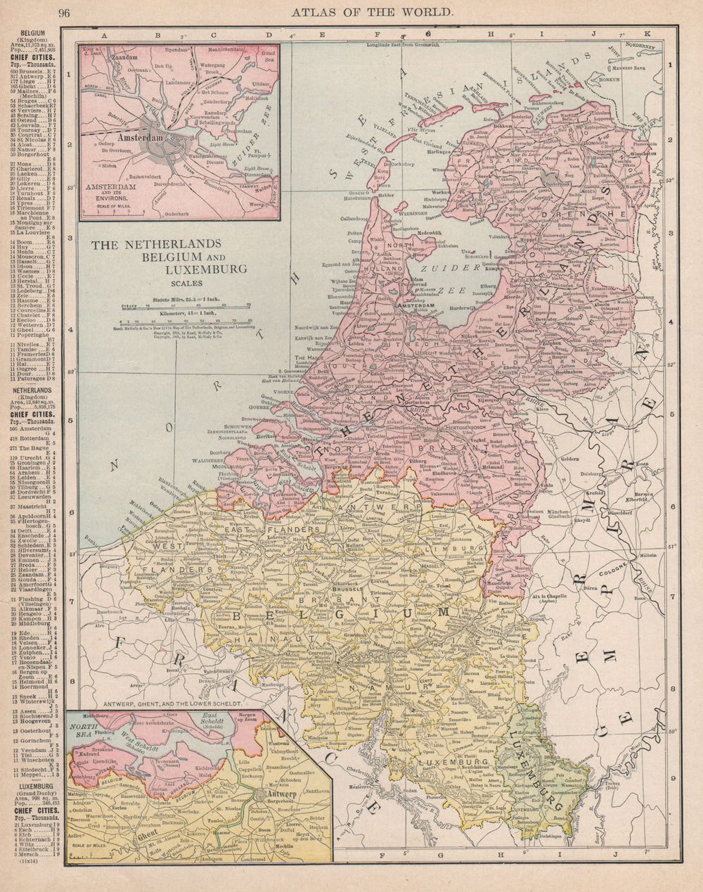 Netherlands, Belgium & Luxemburg. Amsterdam/Antwerp inset. RAND MCNALLY 1912 map