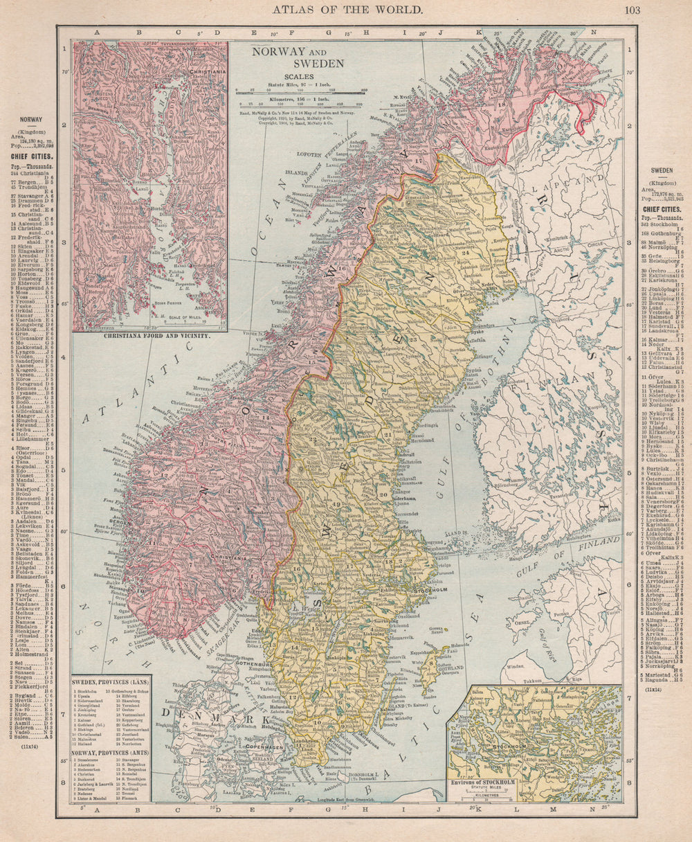Norway & Sweden. Kristianafjord. Stockholm. Scandinavia. RAND MCNALLY 1912 map