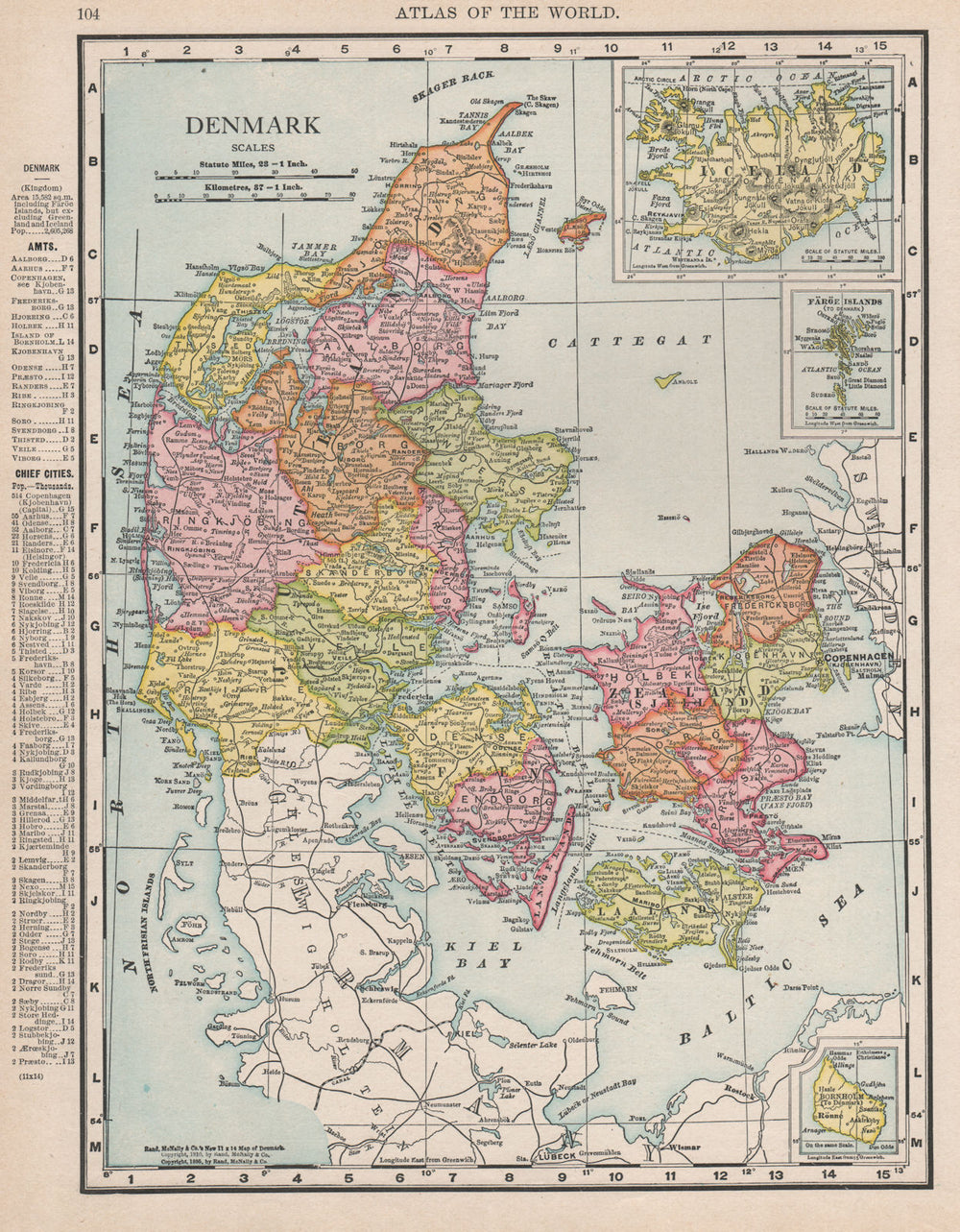 DENMARK. Inset Iceland. RAND MCNALLY 1912 old antique vintage map plan chart