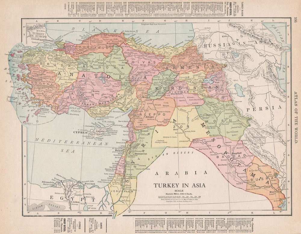 Turkey in Asia. Levant Mesopotamia Iraq. RAND MCNALLY 1912 old antique map