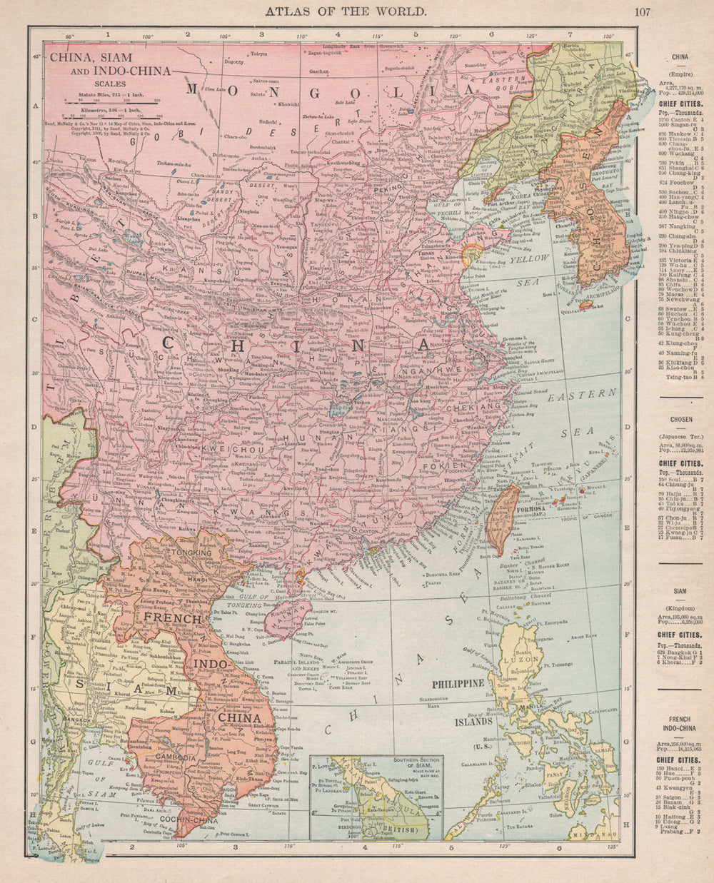 EAST ASIA. China, Siam, French Indo-China & Korea. RAND MCNALLY 1912 old map