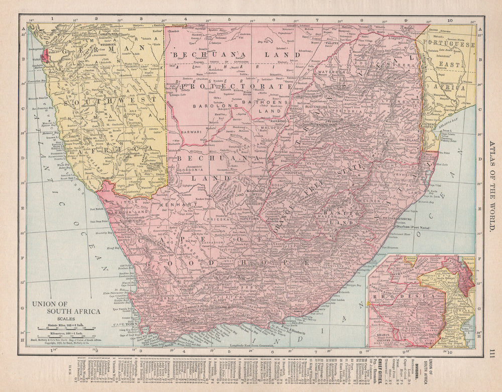 UNION OF SOUTH AFRICA. Rhodesia. Walvis Bay exclave. RAND MCNALLY 1912 old map