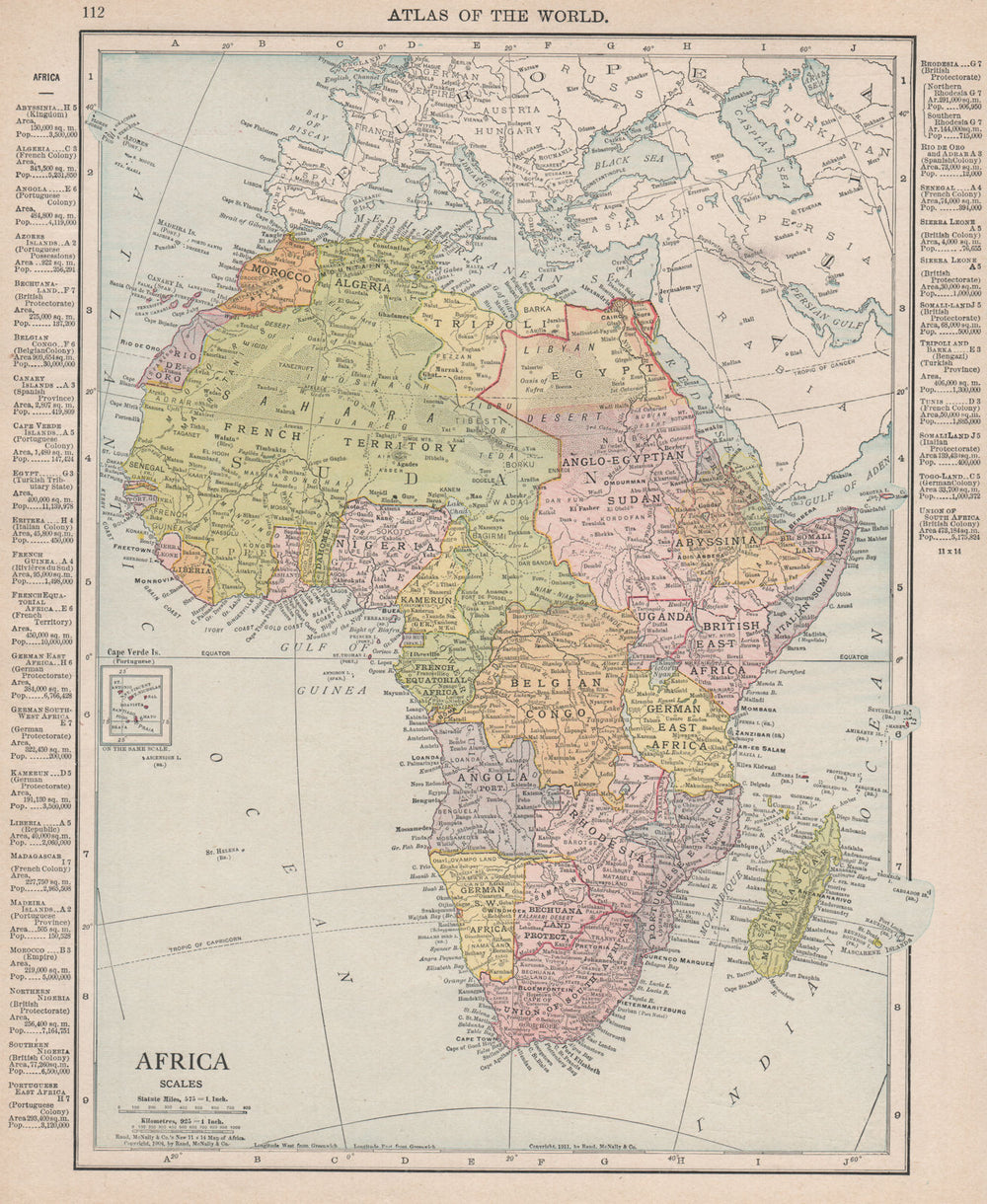 COLONIAL AFRICA Belgian Congo Rhodesia British East Africa RAND MCNALLY 1912 map