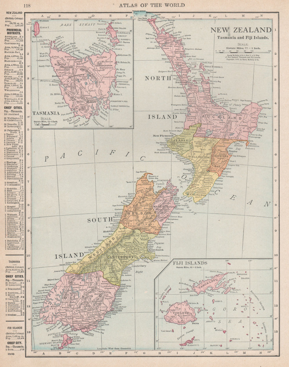 New Zealand, Tasmania and Fiji Islands. RAND MCNALLY 1912 old antique map