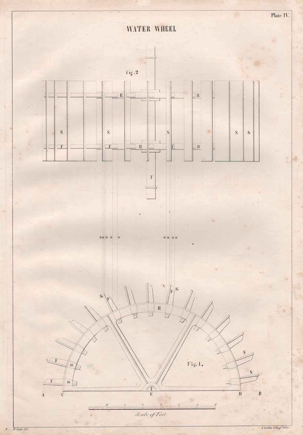 VICTORIAN ENGINEERING DRAWING. Water wheel 1847 old antique print picture