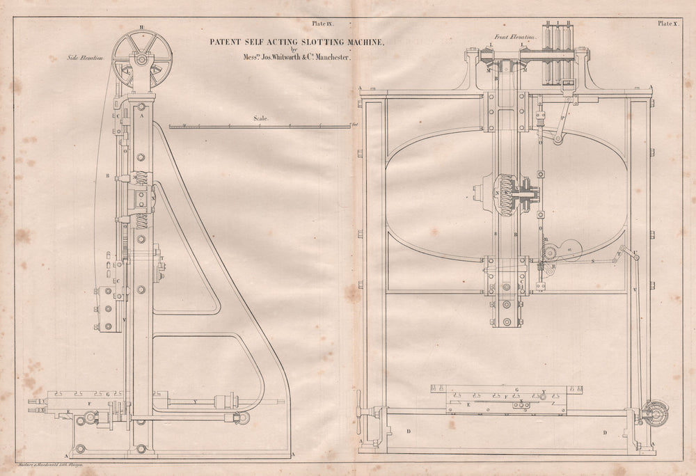 19C ENGINEERING DRAWING. Patent self acting slotting machine. Whitworth 1847