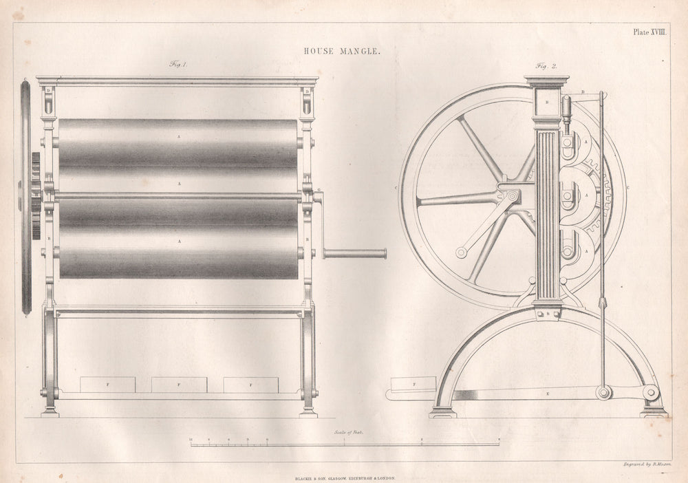 VICTORIAN ENGINEERING DRAWING. House mangle 1847 old antique print picture