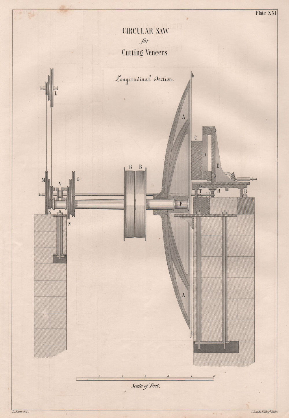 VICTORIAN ENGINEERING DRAWING. Circular saw for cutting veneers. Section 1847