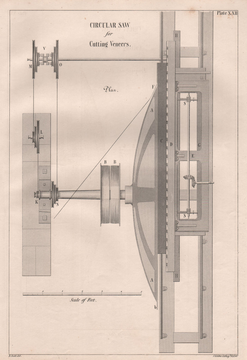 VICTORIAN ENGINEERING DRAWING. Circular saw for cutting veneers  1847 print