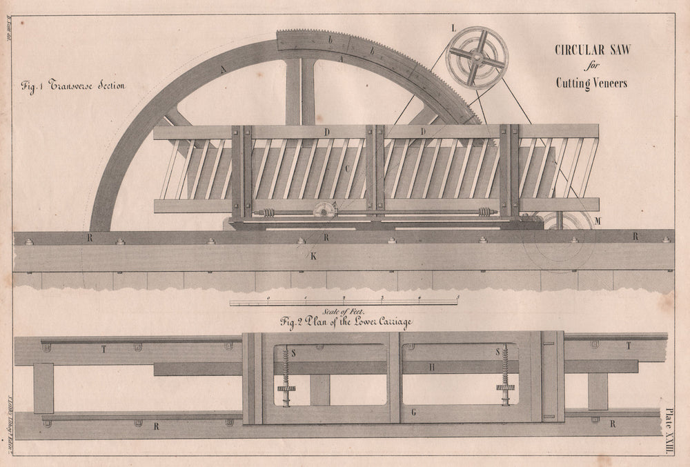 19C ENGINEERING DRAWING. Circular saw for cutting veneers. Section 1847 print