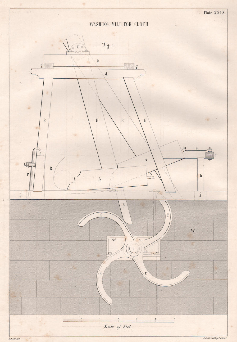 VICTORIAN ENGINEERING DRAWING. Washing mill for cloth (1) 1847 old print