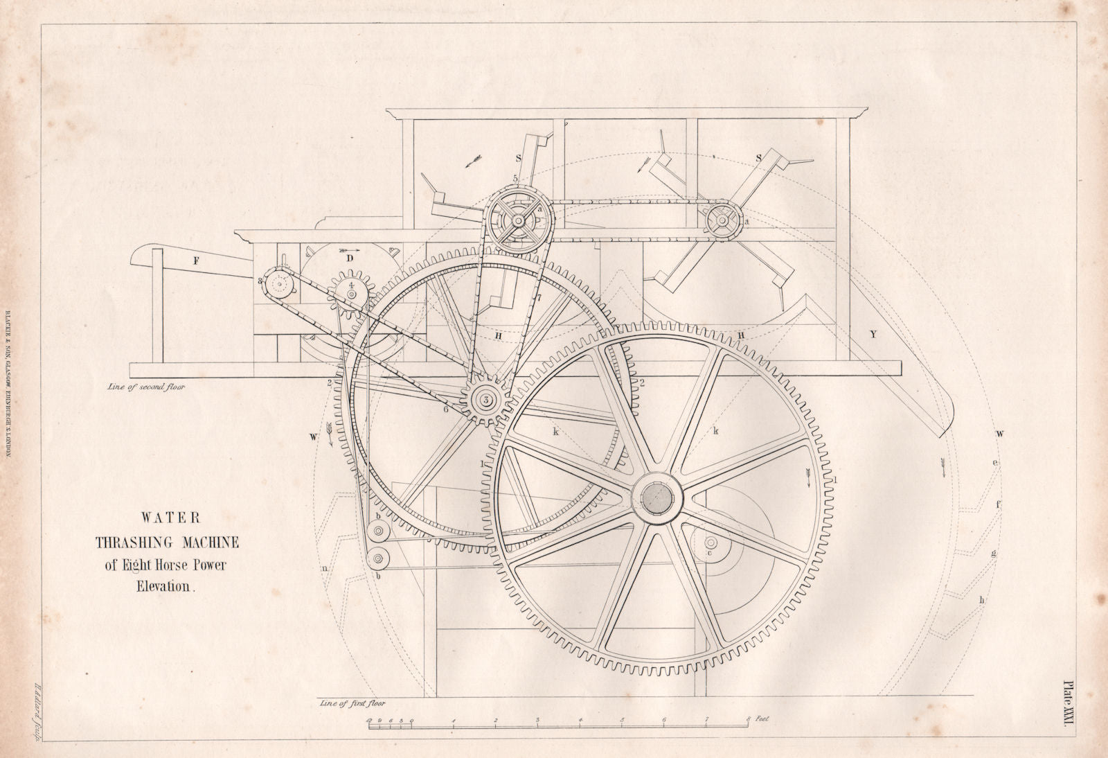VICTORIAN ENGINEERING DRAWING. 8hp Water thrashing machine, elevation ...