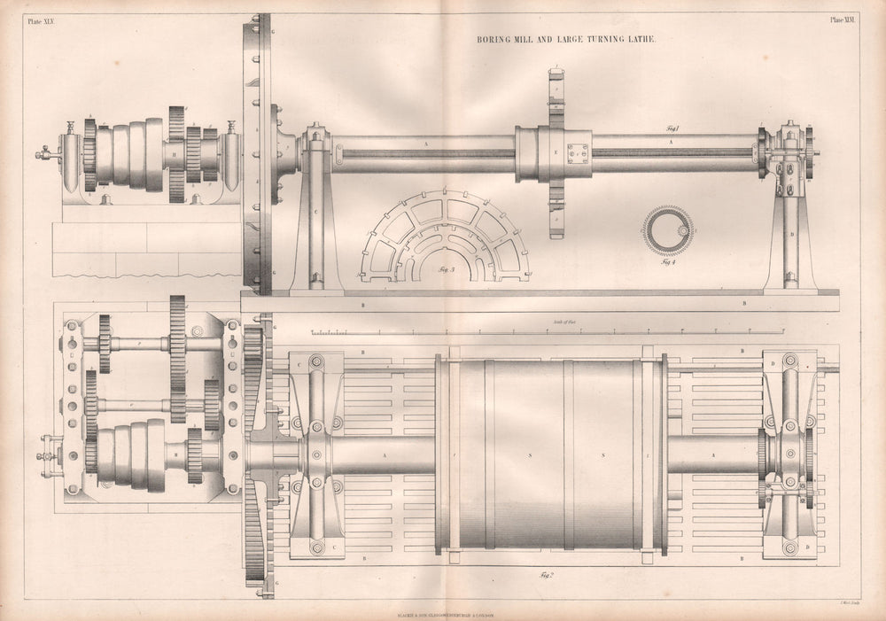 VICTORIAN ENGINEERING DRAWING. Boring mill and large turning lathe 1847 print