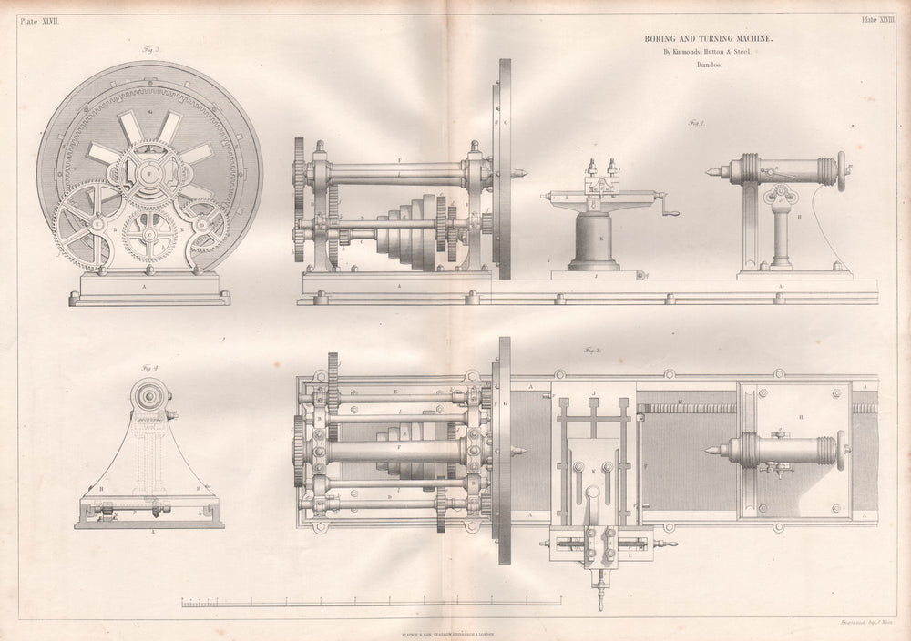 19C ENGINEERING DRAWING. Boring & turning machine. Kinmonds, Hutton & Steel 1847