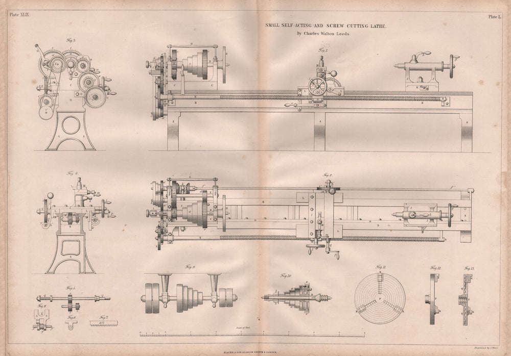 19C ENGINEERING DRAWING. Small self-acting & screw cutting lathe. Walton 1847