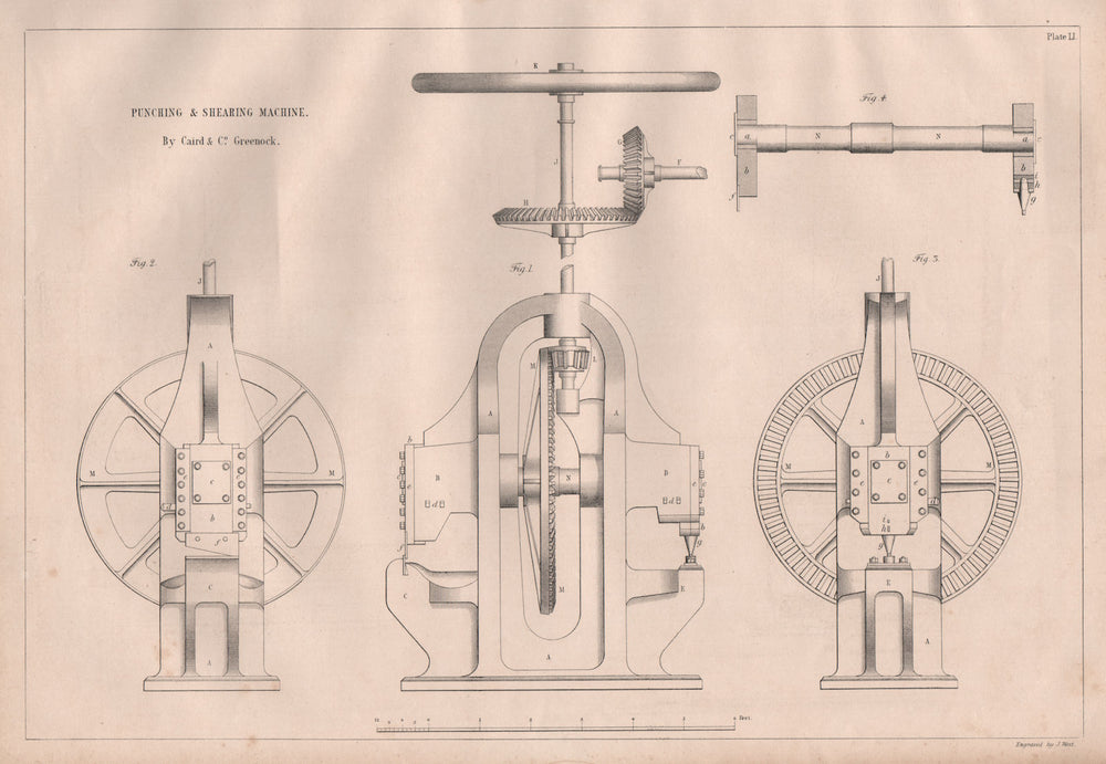 VICTORIAN ENGINEERING DRAWING. Punching & shearing machine. Caird & Co. 1847