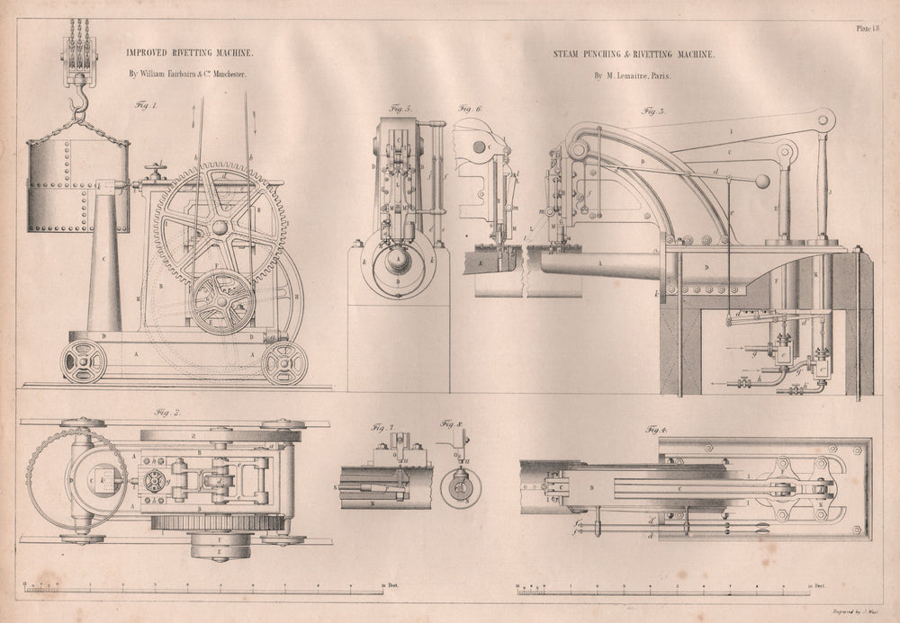 19C ENGINEERING DRAWING. Steam punching & rivetting machines. Lemaitre 1847