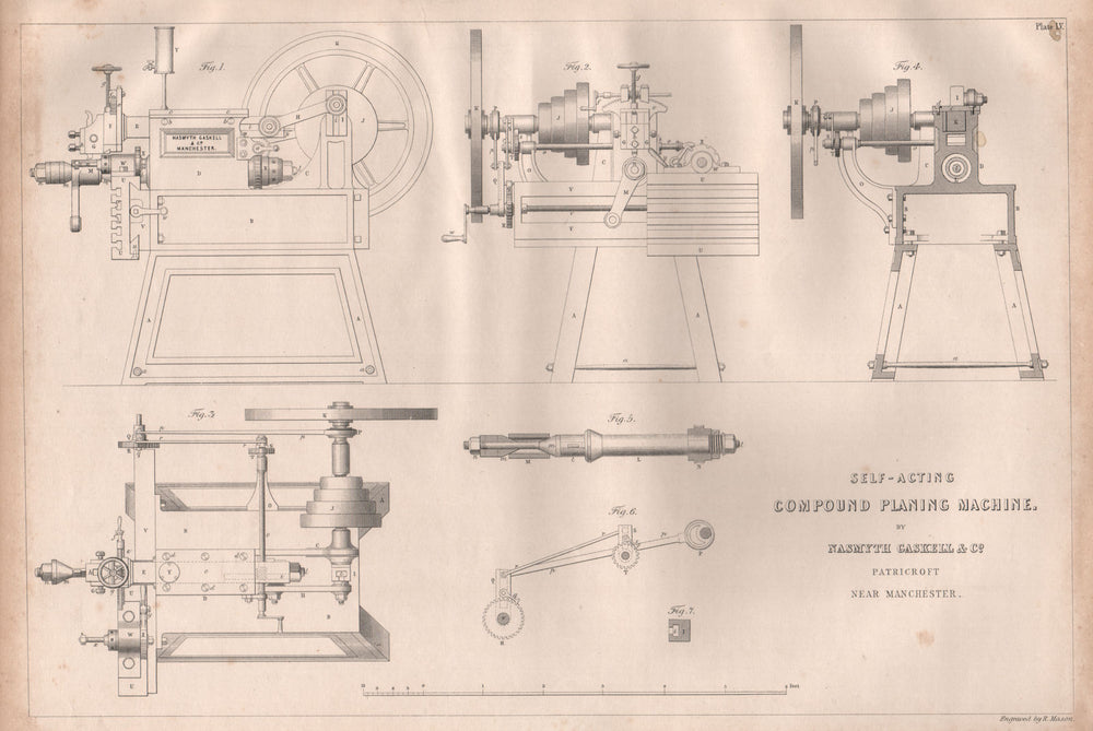 19C ENGINEERING DRAWING. Self-acting compound planing machine. Gaskell 1847