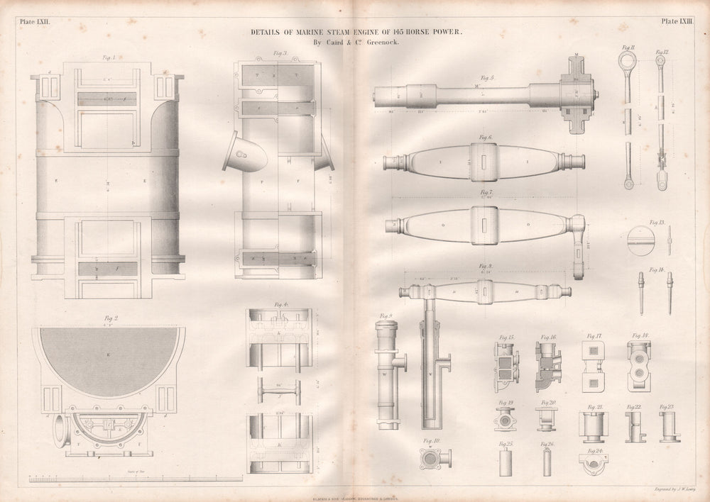 19C ENGINEERING DRAWING. 145hp marine steam engine details. Caird & Co. 1847