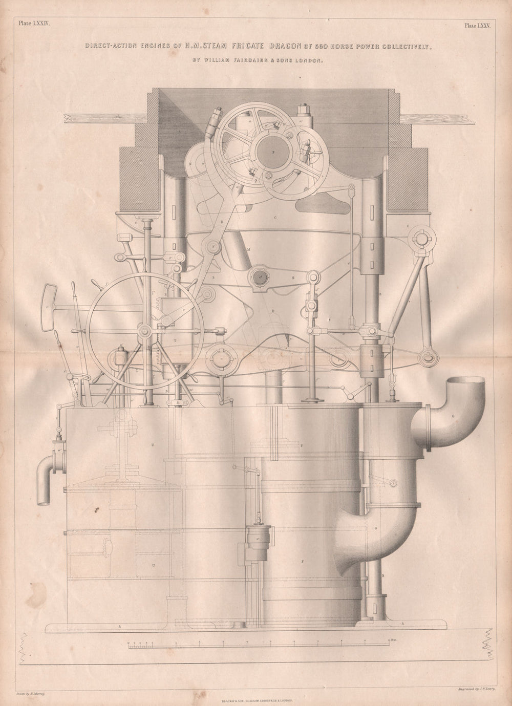 19C ENGINEERING DRAWING. Direct-action engines of HM Steam Frigate Dragon 1847