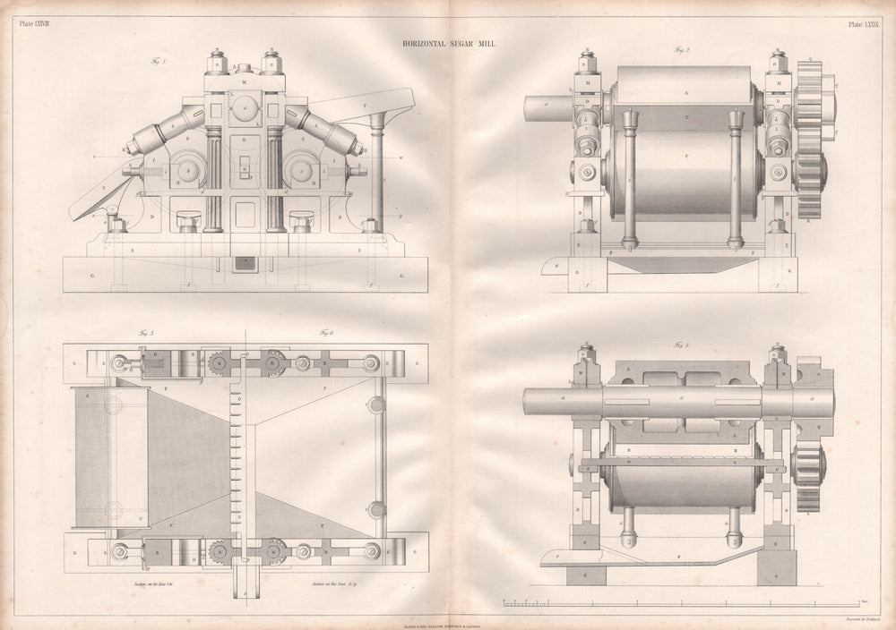 VICTORIAN ENGINEERING DRAWING. Horizontal sugar mill (1) 1847 old print