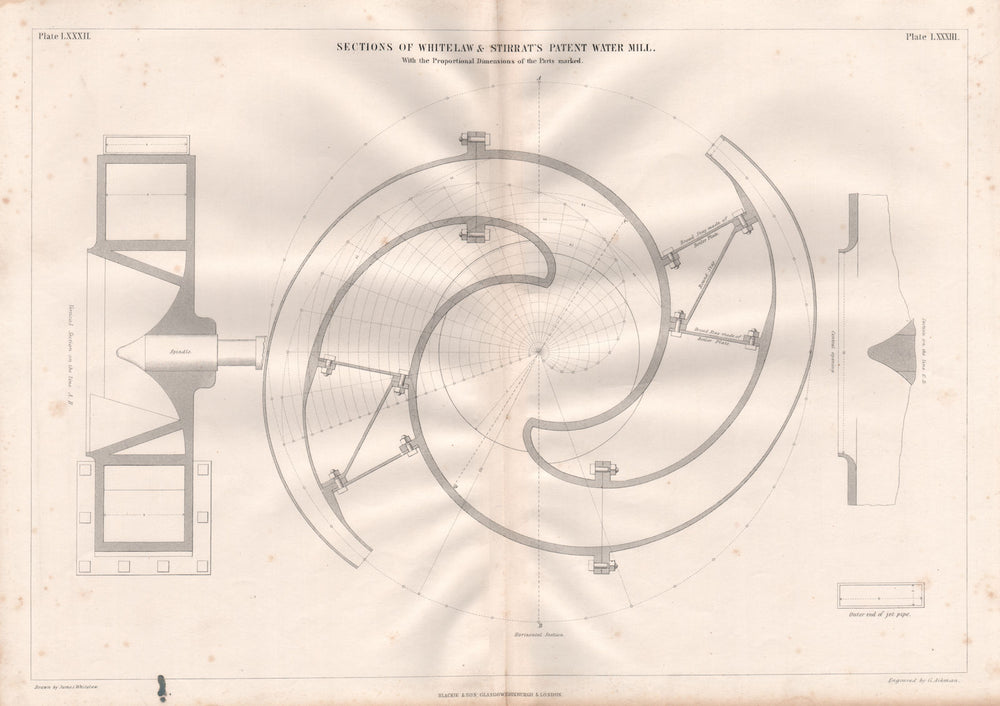 19C ENGINEERING DRAWING. Whitelaw & Stirrat's patent water mill sections 1847