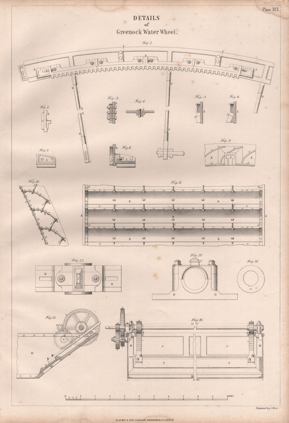 VICTORIAN ENGINEERING DRAWING. Details of Greenock water wheel 1847 old print