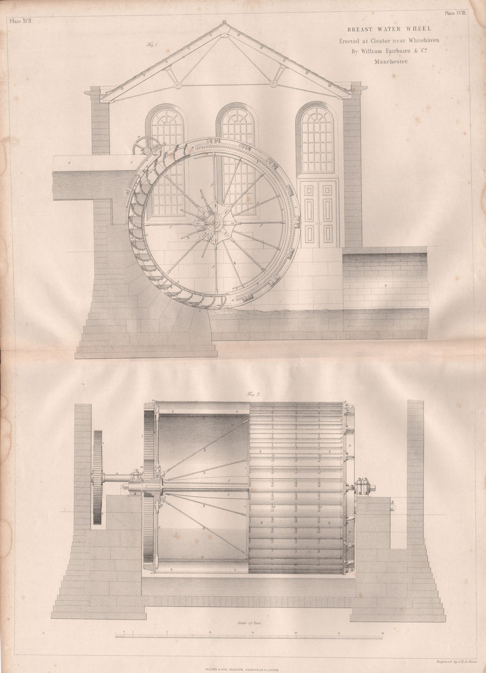 19C ENGINEERING DRAWING. Breast water wheel, Cleator, Whitehaven. Fairbairn 1847