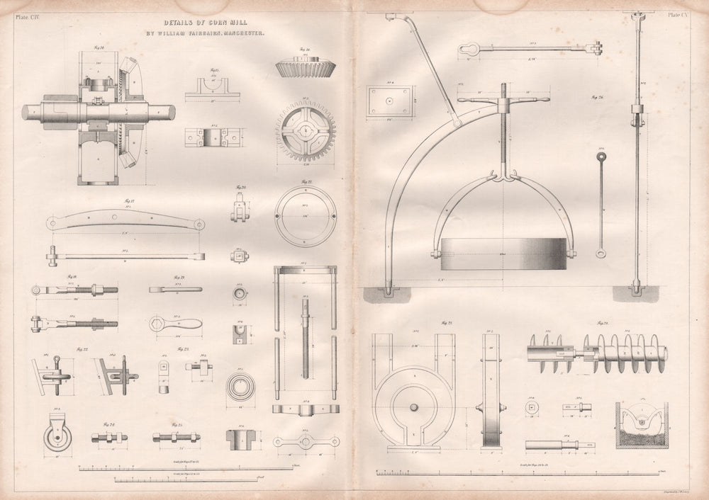 VICTORIAN ENGINEERING DRAWING. Details of corn mill. William Fairbairn (2) 1847