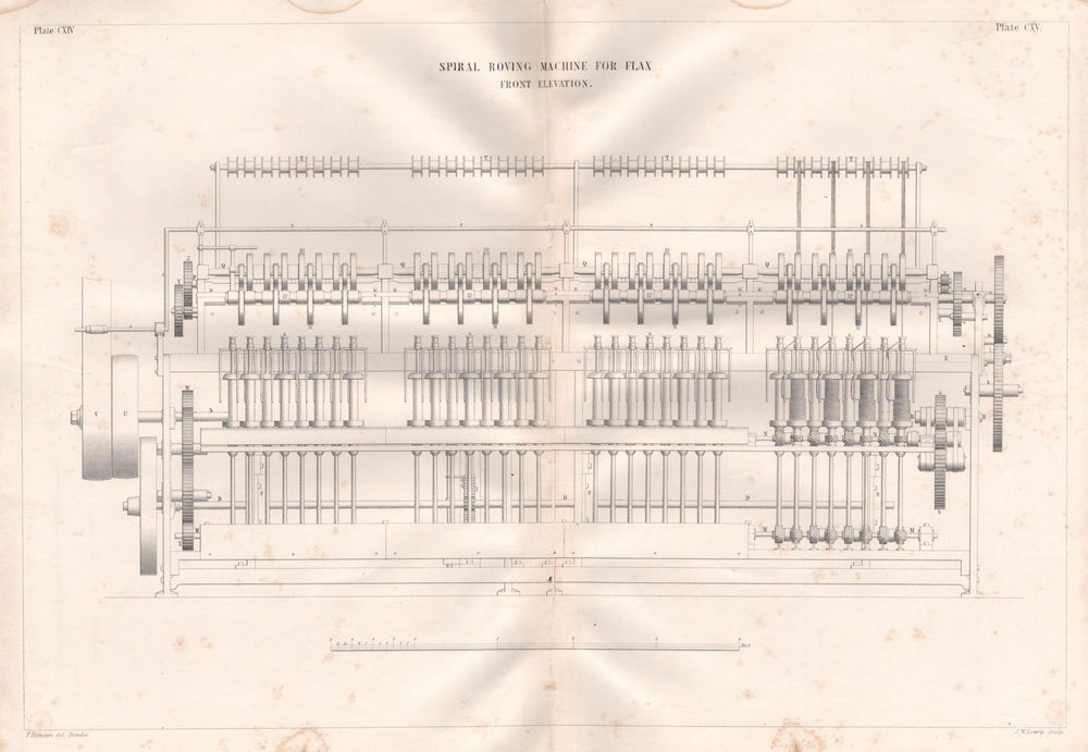 VICTORIAN ENGINEERING DRAWING. Spiral roving machine for flax, front 1847