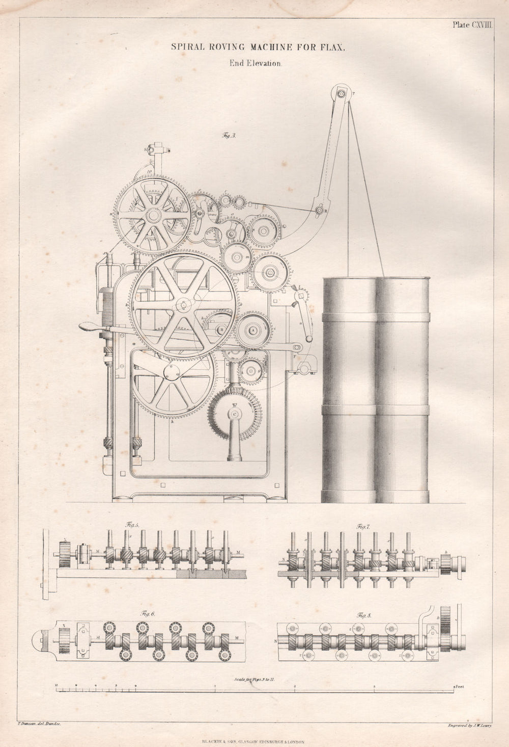 VICTORIAN ENGINEERING DRAWING. Spiral roving machine for flax end elevation 1847