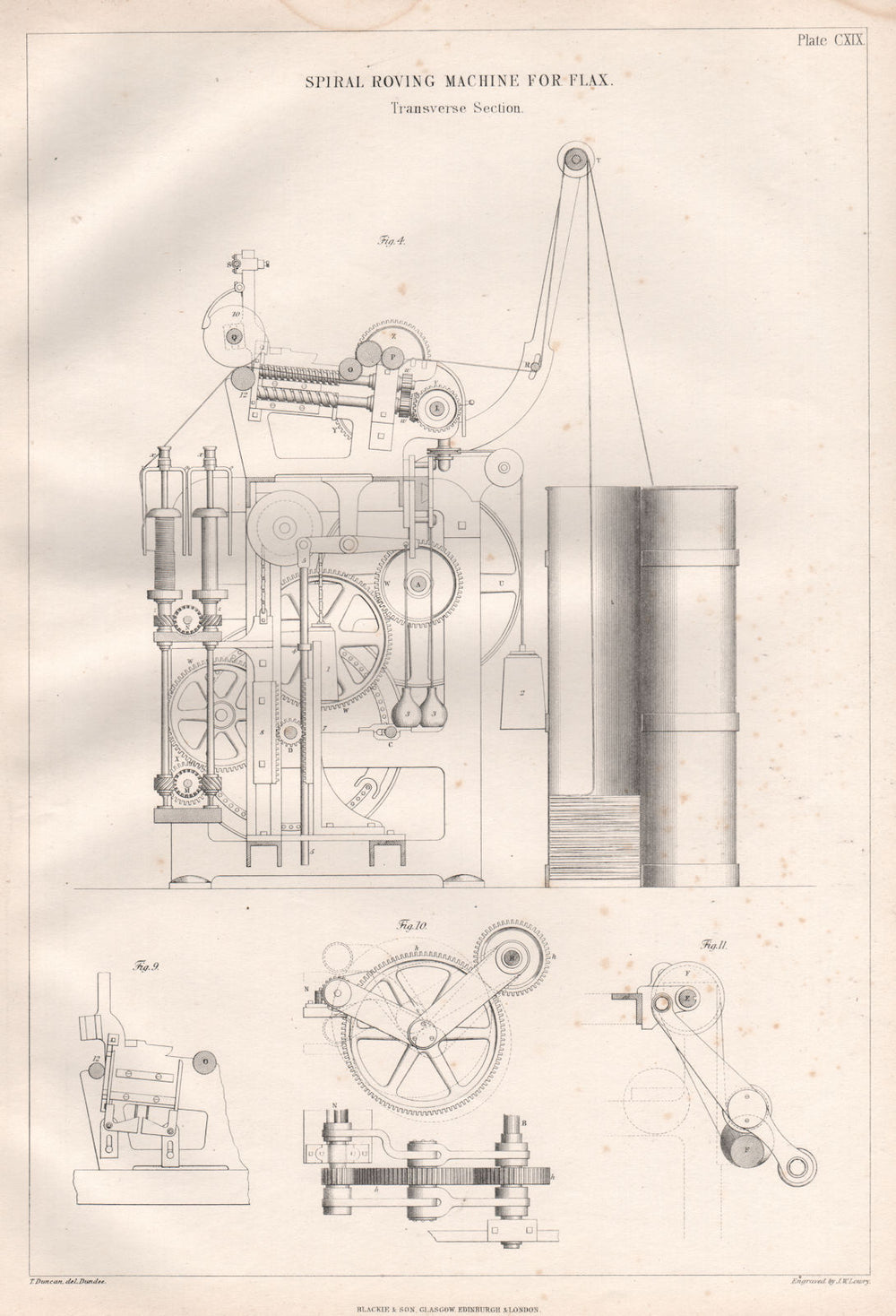 VICTORIAN ENGINEERING DRAWING. Spiral roving machine for flax, section 1847
