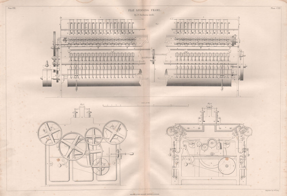 VICTORIAN ENGINEERING DRAWING. Flax spinning frame by P. Fairbairn, Leeds 1847