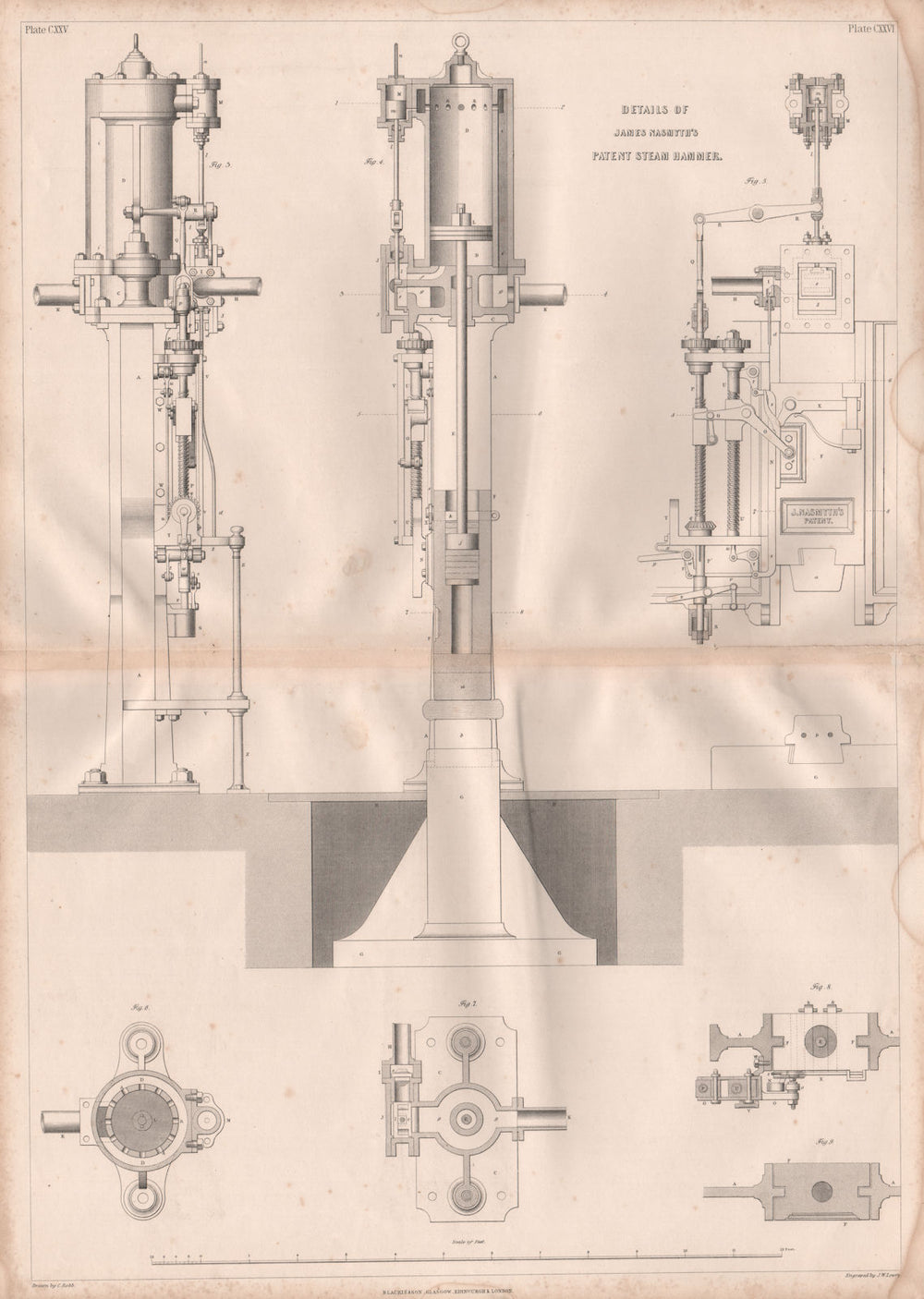 VICTORIAN ENGINEERING DRAWING. James Nasmyth's patent steam hammer details 1847