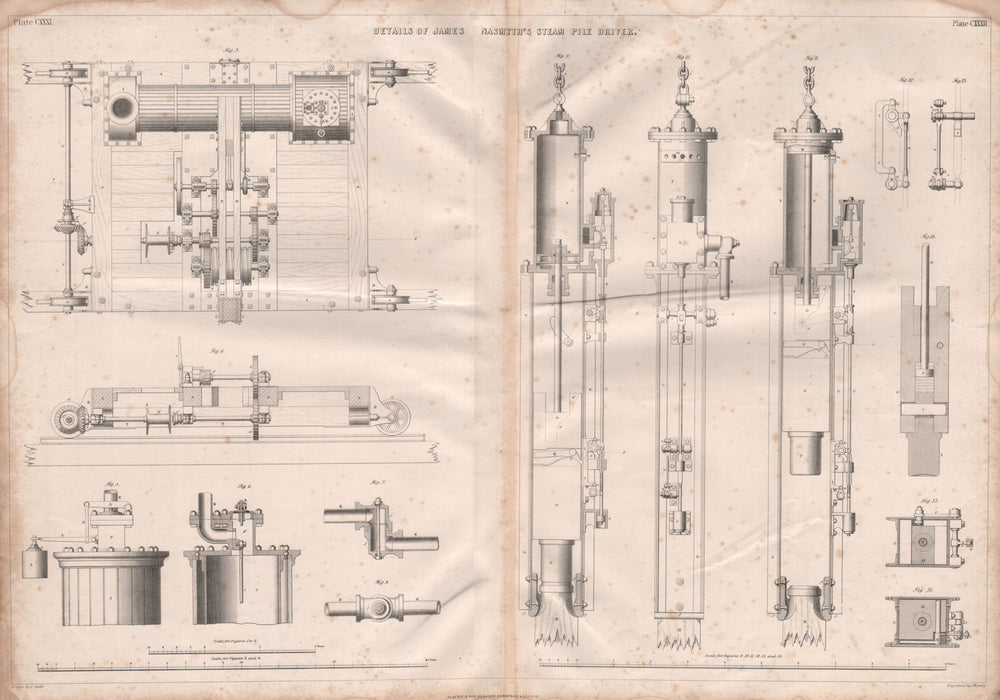 VICTORIAN ENGINEERING DRAWING. James Nasmyth's steam pile driver details 1847