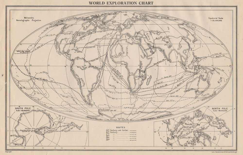 WORLD EXPLORATION. Explorers routes dates centuries. BARTHOLOMEW 1944 old map
