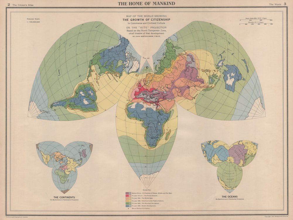 Spread of civilisation from antiquity to 1940. World on Kite Projection 1944 map