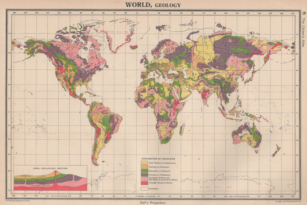 WORLD GEOLOGICAL. Geology. Primary Secondary Tertiary. BARTHOLOMEW 1944 map