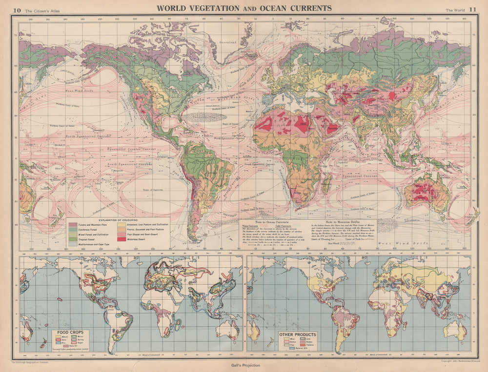 WORLD. Vegetation. Ocean Currents. Food crops. Agricultural commodities 1944 map