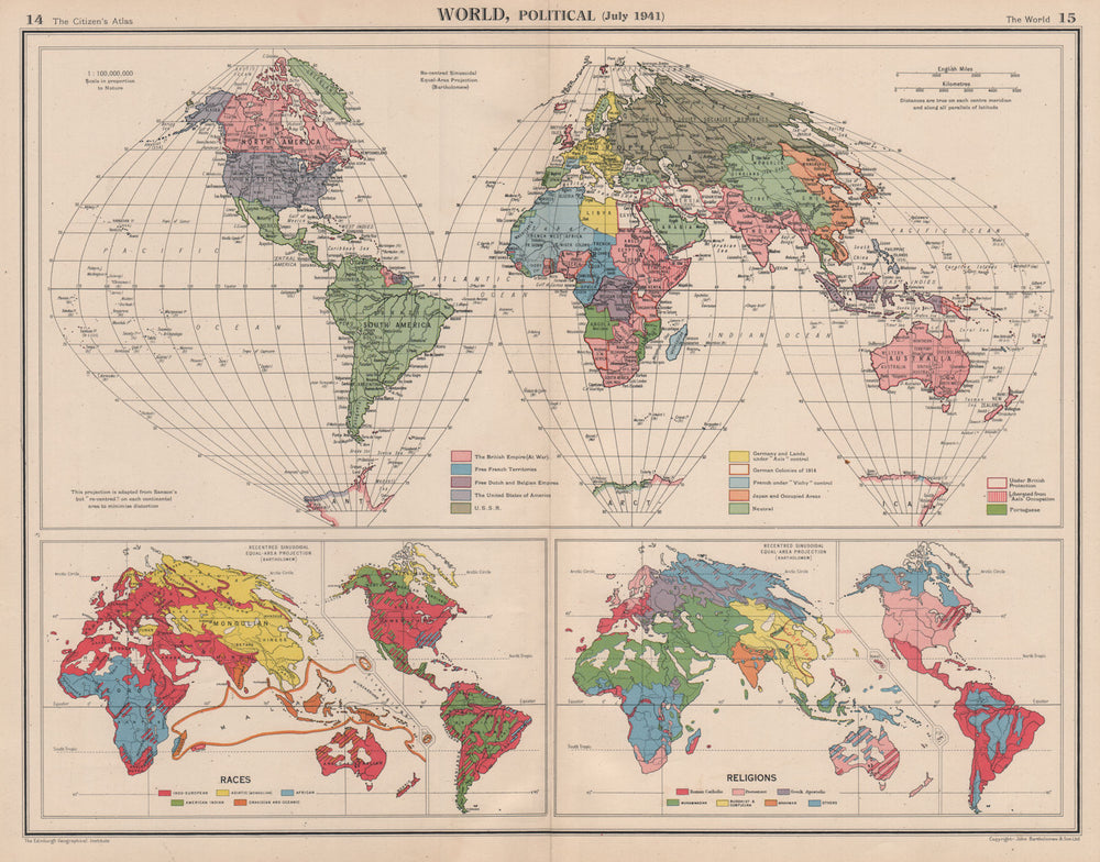 WORLD in 1941. Third Reich. Japanese occupied China. Vichy France 1944 old map