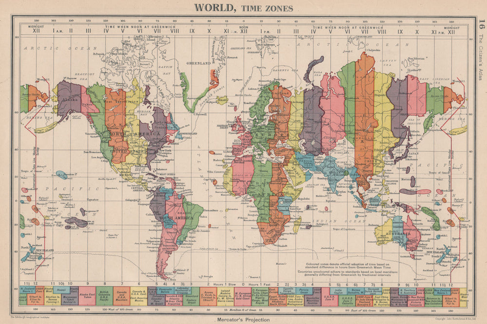 WORLD. Time Zones. UK Ireland Spain & France on same zone. BARTHOLOMEW 1944 map