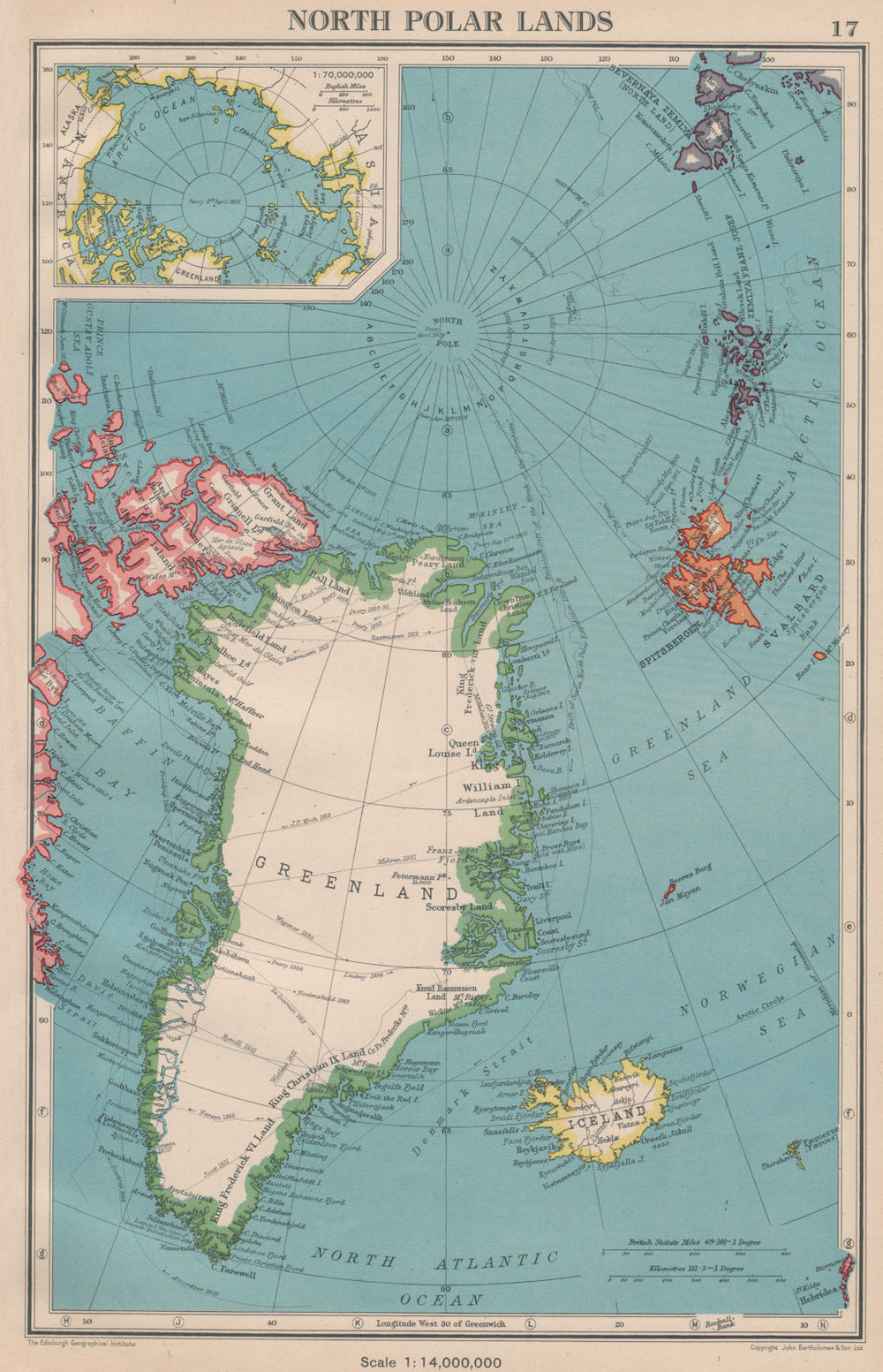 ARCTIC. North Polar Lands. Greenland Iceland. Explorers routes 1944 old map