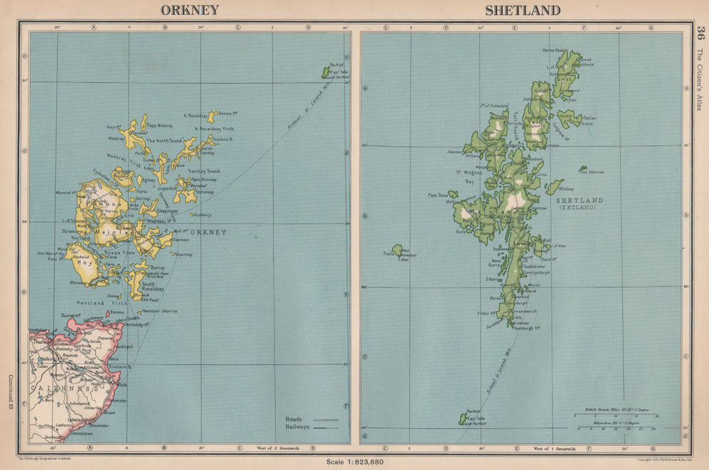 SCOTLAND. Orkney & Shetland Islands. BARTHOLOMEW 1944 old vintage map chart
