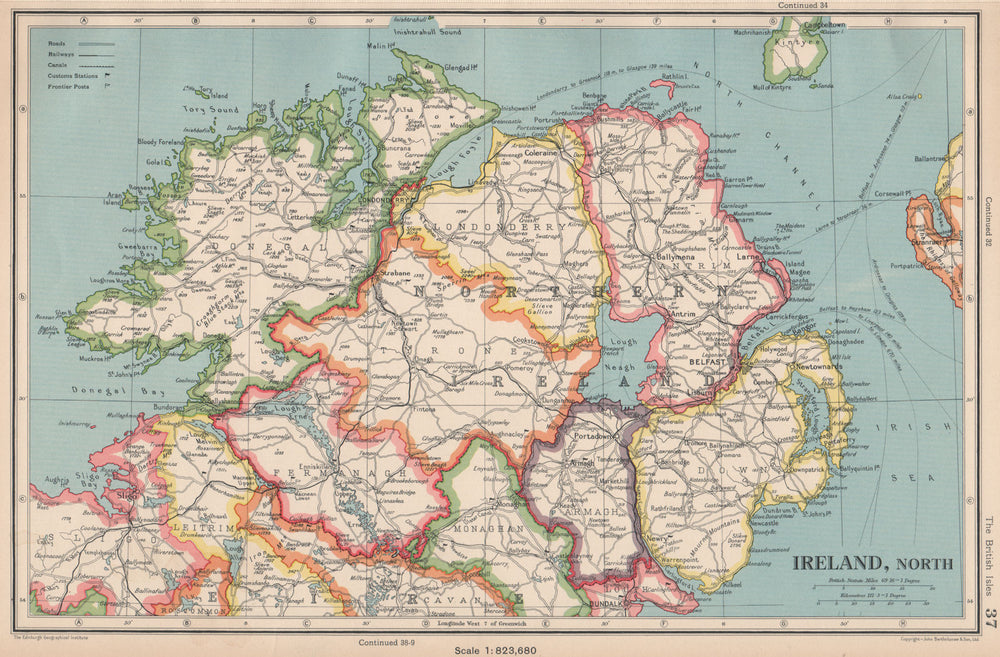 NORTHERN IRELAND. Ulster. Antrim Armagh Tyrone Londonderry. BARTHOLOMEW 1944 map