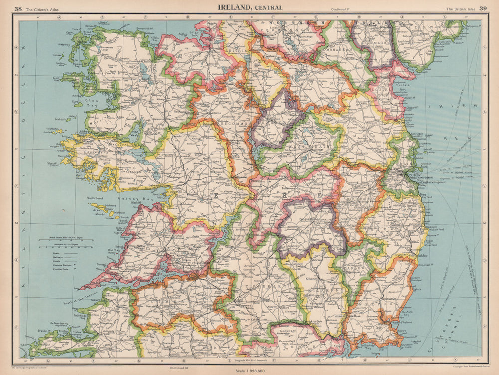 IRELAND CENTRAL. Connaught & Leinster. Eire. BARTHOLOMEW 1944 old vintage map
