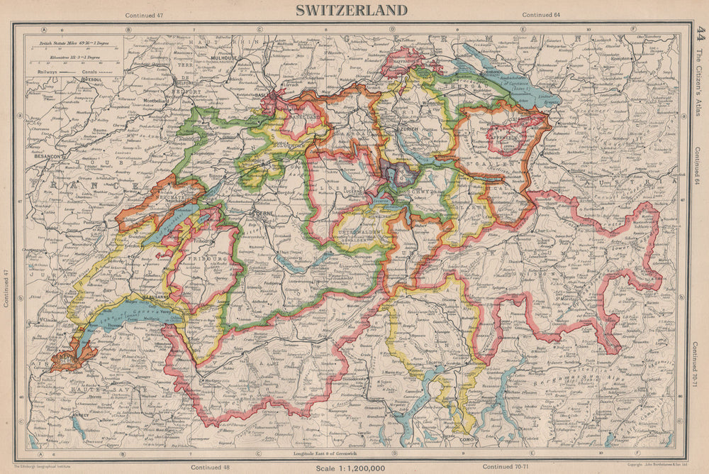 SWITZERLAND. showing cantons & railways. BARTHOLOMEW 1944 old vintage map