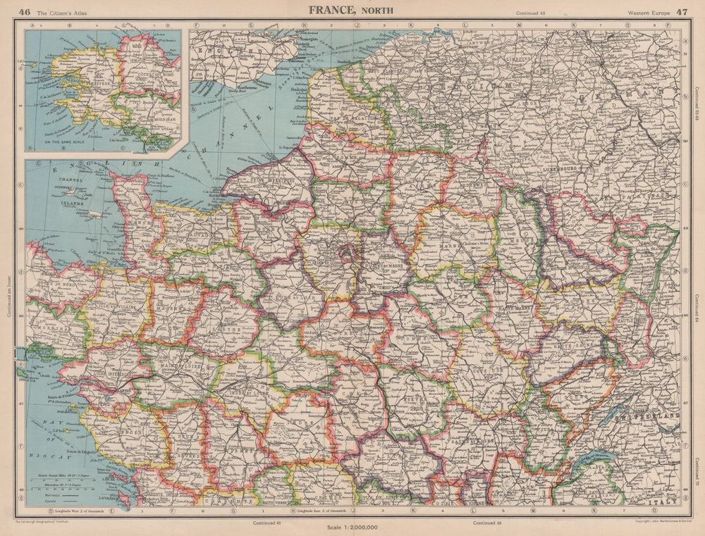 FRANCE NORTH in departements. BARTHOLOMEW 1944 old vintage map plan chart